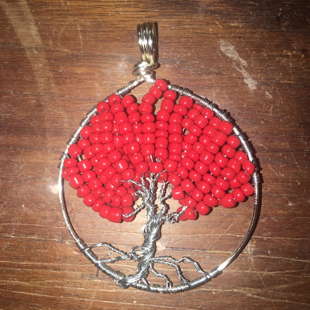 Handcrafted Red Beaded Tree Pendant